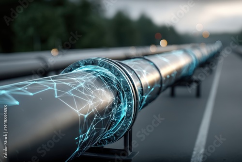 Long metal pipeline with blue technology lights running along a highway, showing the importance of secure transportation of energy resources across the country.