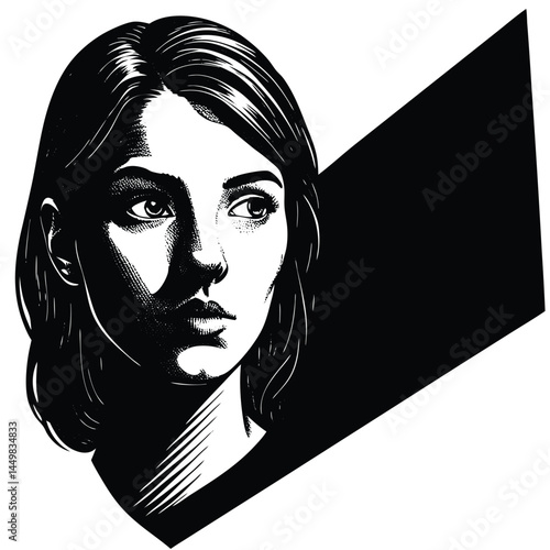Portrait of a young woman, shot in shadows, with a vertical beam of light projected onto her eye