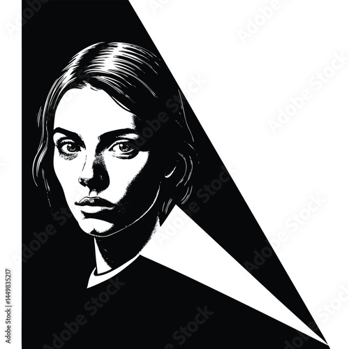Portrait of a young woman, shot in shadows, with a vertical beam of light projected onto her eye