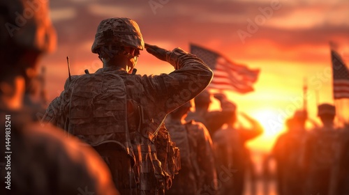 Silhouetted soldiers salute at sunset, a powerful image of military service and patriotism.