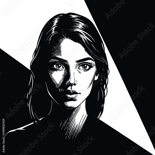 Portrait of a young woman, shot in shadows, with a vertical beam of light projected onto her eye