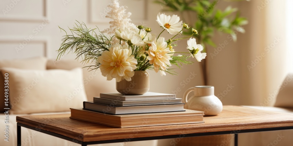 Fototapeta premium Cozy minimalist interior with wooden coffee table and serene background