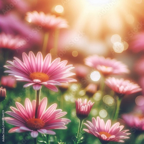 Blooming pink flowers in sunlit field nature photography soft focus spring vibes serene environment