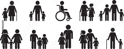 Various black and white stick figures of adults and children holding hands and wheelchair user icon