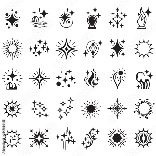 Hand drawn doodle line sparkle silhouette set of glowing star highlights cartoon explosion effects and twinkle burst light elements for decorative comic designs
