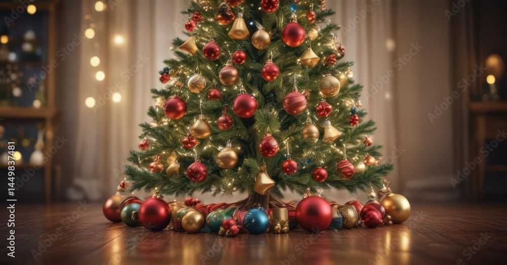 Ornate Christmas tree, vibrant baubles, soft bokeh lights , festive, christmas tree Ornate Christmas tree, vibrant baubles, soft bokeh lights , festive, christmas tree