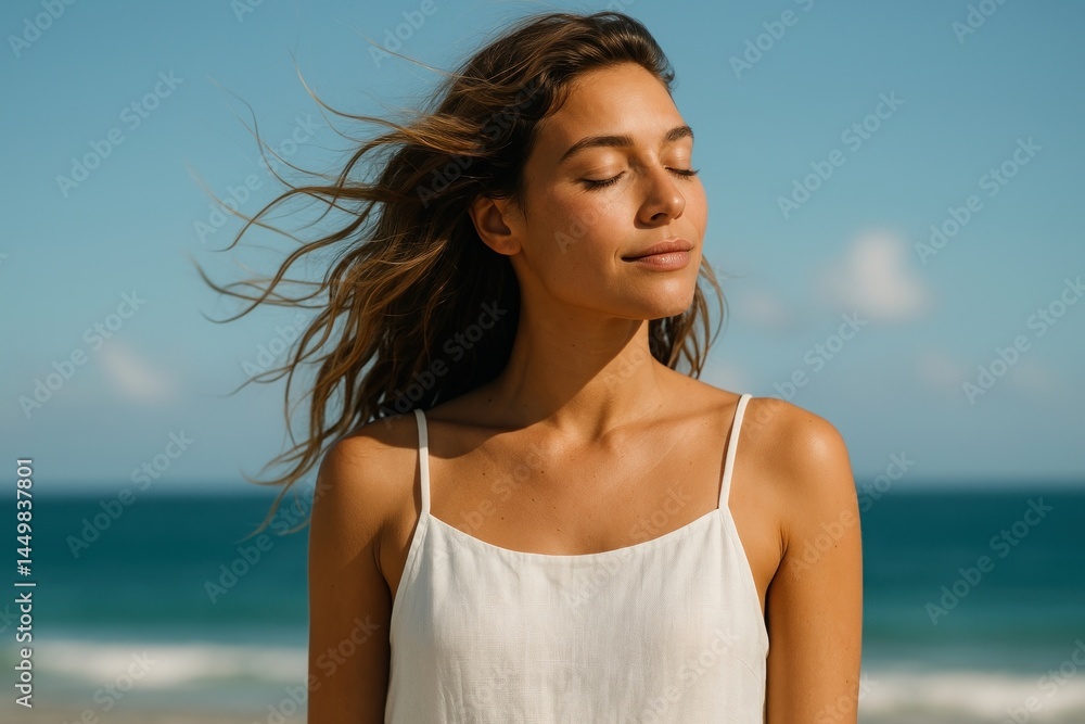 Serene woman enjoying beach breeze. Serene woman enjoying beach breeze.