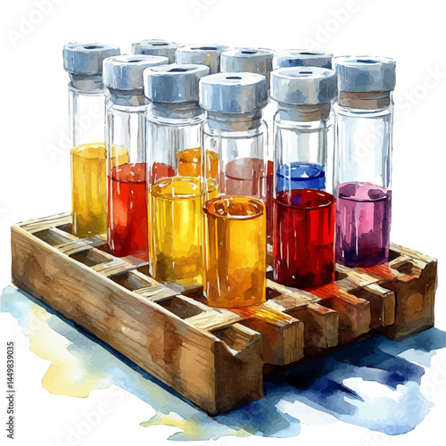 illustration of Medical Test Tube Rack With Colorful Liquids, watercolor vector, isolated on a white background.