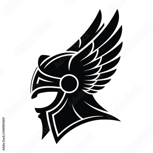 Norse Valkyrie winged helmet Silhouette, Vector, Icon, Logo, White Background.