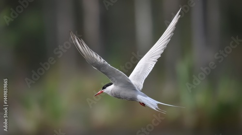 Arctic Tern in Flight, Wings Spread Wide, Soft Focus Background