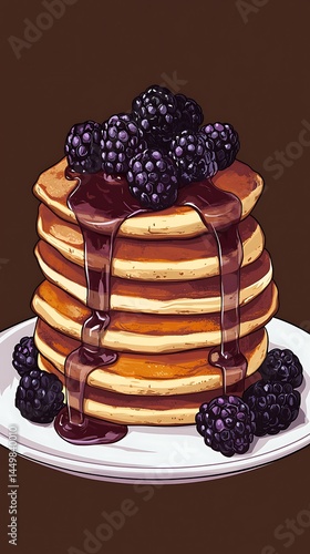 Stacked Pancakes with Drizzled Chocolate and Fresh Blackberries on a White Plate