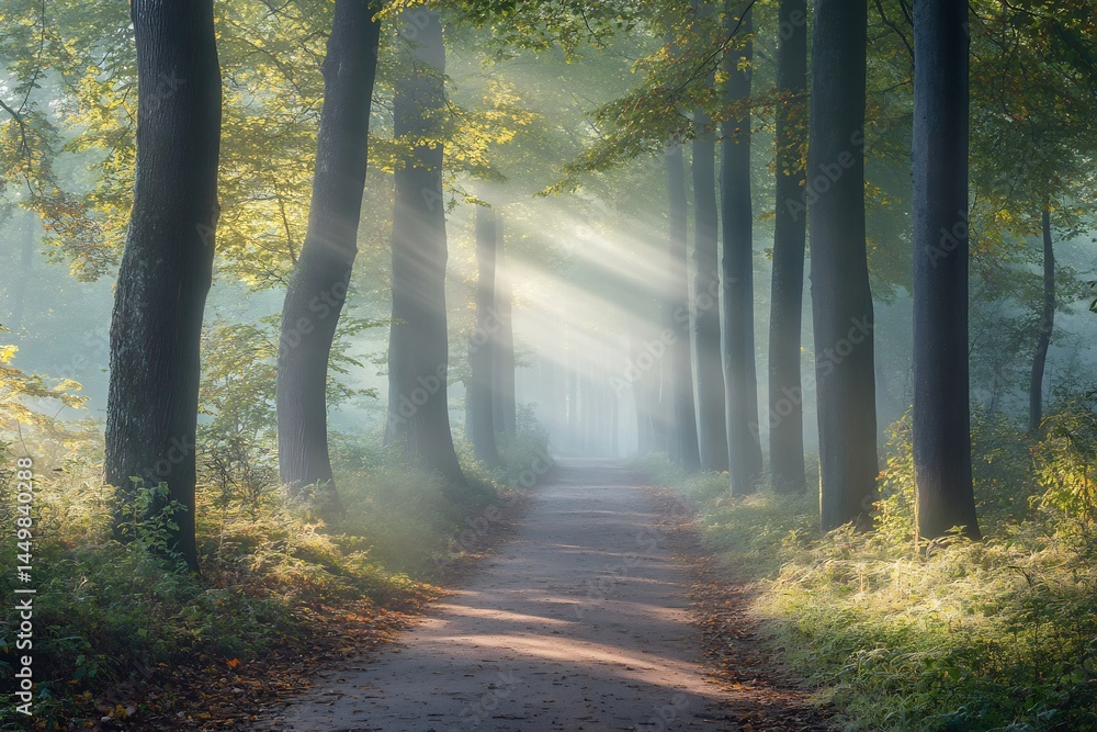 Naklejka premium Foggy woodland path early morning soft light rays piercing trees natural tones balanced composition realistic textures sharp focus in foreground
