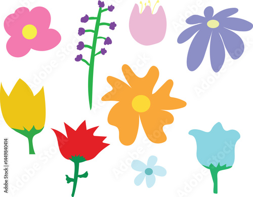 A set of minimalist flowers reminiscent of spring and summer, suitable for cards and patterns