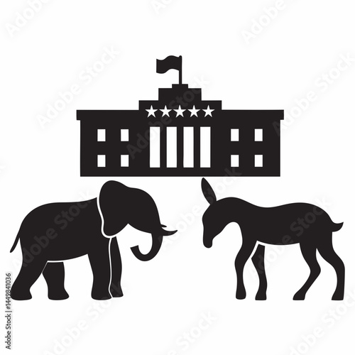 Republican and Democrat elephants and donkeys facing US government building simple black icon graphic