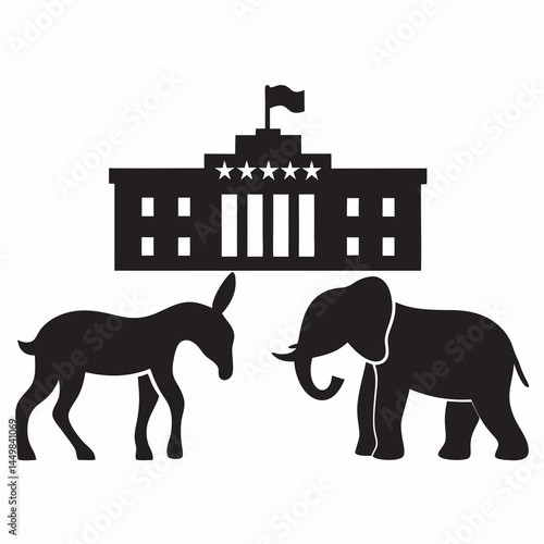 Democratic donkey and Republican elephant facing US Capitol building simple black and white illustration political