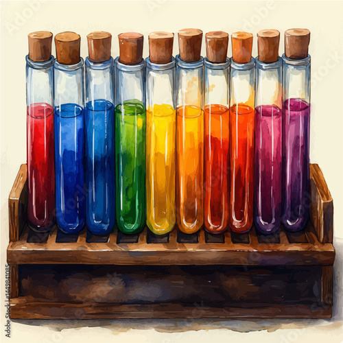Medical Test Tube Rack With Colorful Liquids, watercolor vector, isolated on a white background.