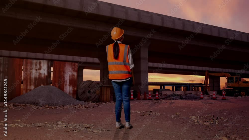 Full Body Back View Of Asian Female Engineer With Safety Helmet Talking On Smartphone While Standing At The Site of Highway Construction Full Body Back View Of Asian Female Engineer With Safety Helmet Talking On Smartphone While Standing At The Site of Highway Construction