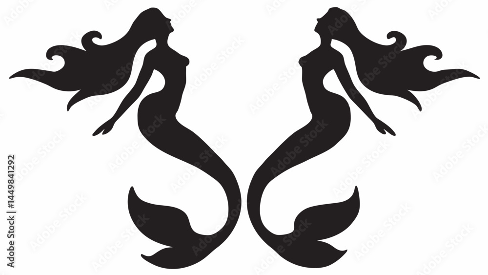Naklejka premium Two elegant mermaid silhouettes a graceful and symmetrical design in black on white perfect for nautical themed art