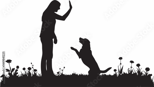 Girl teaching her dog a trick in a grassy field with simple black silhouettes against a white background
