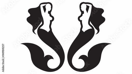 Elegant twin mermaids silhouette art graphic design black and white stylized symmetrical feminine mythical creatures