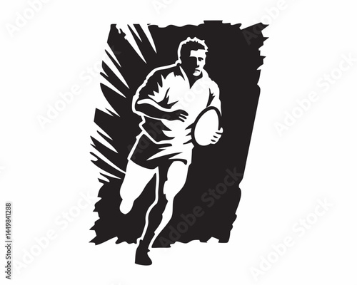 Powerful rugby player running with ball dynamic black and white illustration intense action strong graphic style