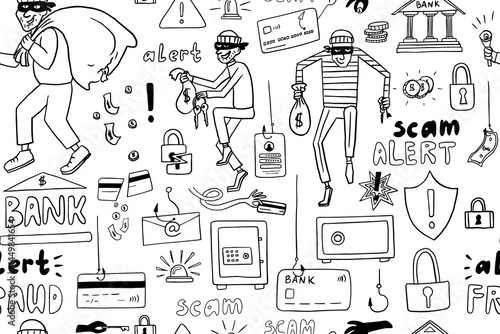 Seamless pattern of bank thieves, phone fraudster and computer scammers. Bank card, credit card, safe deposit, cheater, alarm system, fishing, scam, alert, finance, bag money. Hand drawn