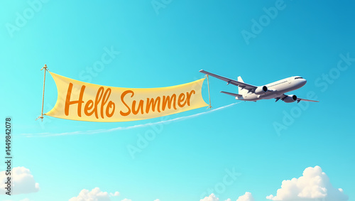 Hello Summer Banner: A plane soaring through a vibrant sky, trailing a banner that warmly welcomes the start of the season, inviting exploration and excitement.