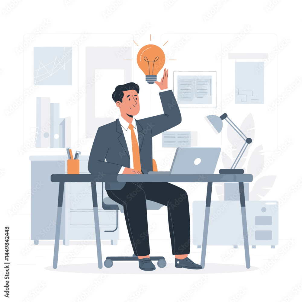 businessman gets light bulb idea illustration flat on office background businessman gets light bulb idea illustration flat on office background