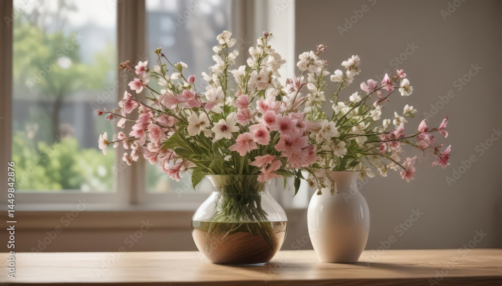 Spring blooms in vase, soft light on wood table, elegant, bouquet Spring blooms in vase, soft light on wood table, elegant, bouquet