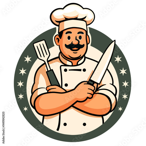 Vector bbq barbecue logo. Grill chef happy label. Chef logotype design.