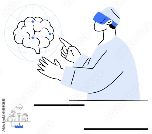 Person wearing AR headset interacting with virtual brain projection, pointing at neural connections. Ideal for technology, innovation, neuroscience, VR, learning, healthcare, simple landing page