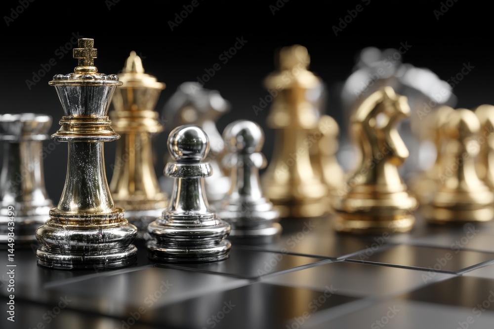 A focused close-up of an intricate chess set featuring gold and silver pieces, highlighting the king, pawn, and other prominent figures on a reflective board. A focused close-up of an intricate chess set featuring gold and silver pieces, highlighting the king, pawn, and other prominent figures on a reflective board.