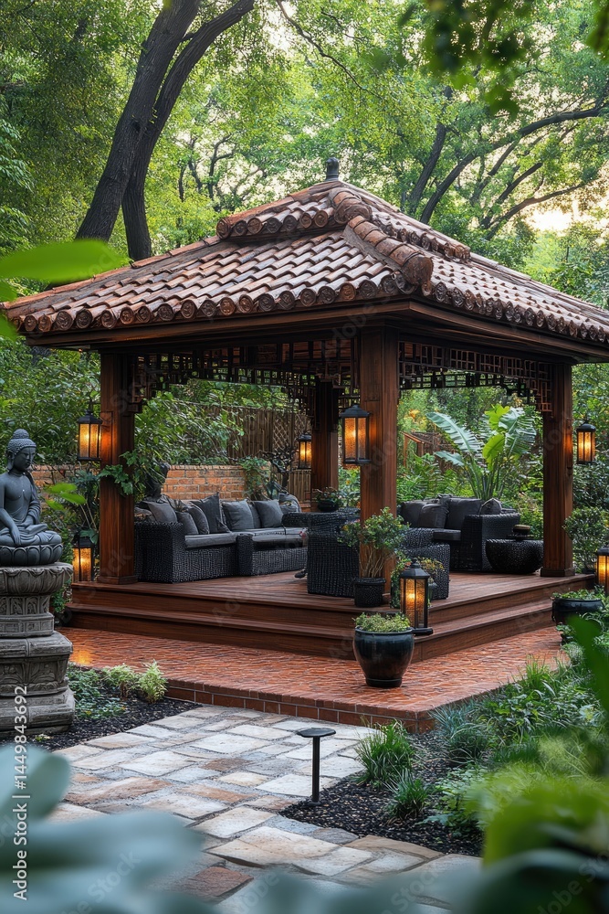 Serene garden gazebo with seating, Buddha statue, and lush greenery; ideal for relaxation and tranquility Serene garden gazebo with seating, Buddha statue, and lush greenery; ideal for relaxation and tranquility