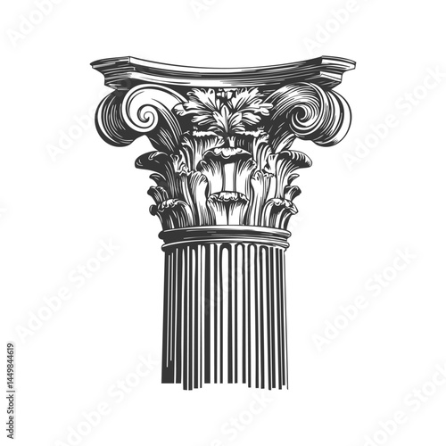 Corinthian Column Capital Black And White Silhouette Illustration. Classical Architecture And Design Element. Isolated Vector Illustration