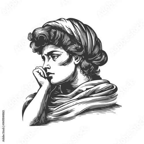 Pensive Woman In Thoughtful Pose Black And White Silhouette Illustration. Contemplation And Introspection Isolated Vector Illustration