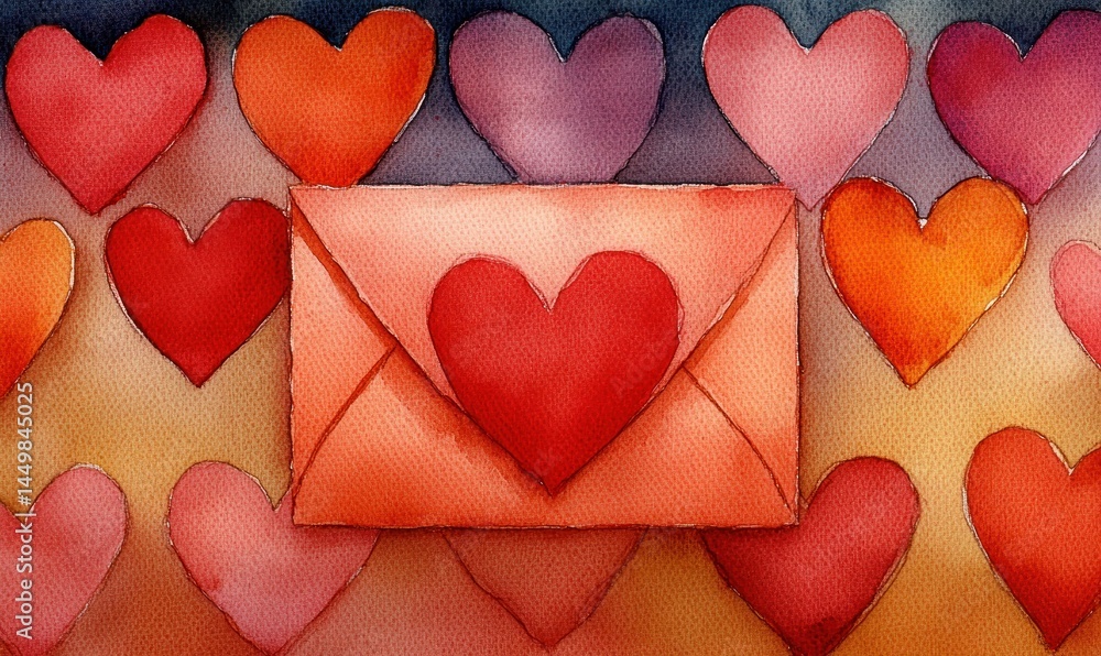 Fototapeta premium Romantic watercolor heart envelope arrangement for valentine's day cards