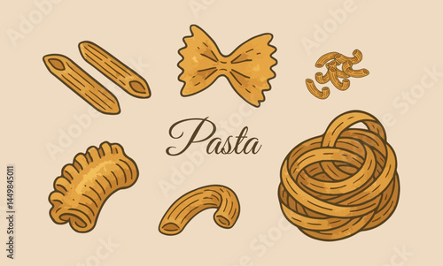 Different sorts of pasta. Penne, farfalle, cavatappi, radiatori, elbows pasta. Traditional Italian food. Various Italian noodles types. Vector flat cartoon illustration.