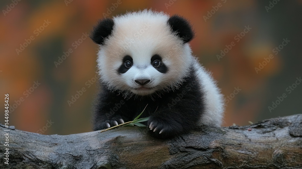 Fototapeta premium Adorable Giant Panda Cub Resting Peacefully on a Branch in Autumnal Forest