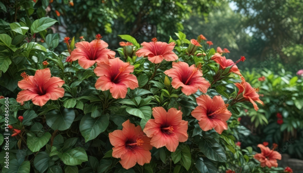Obraz premium Vibrant hibiscus blooms, lush green foliage, tropical garden, bright, texture, plants