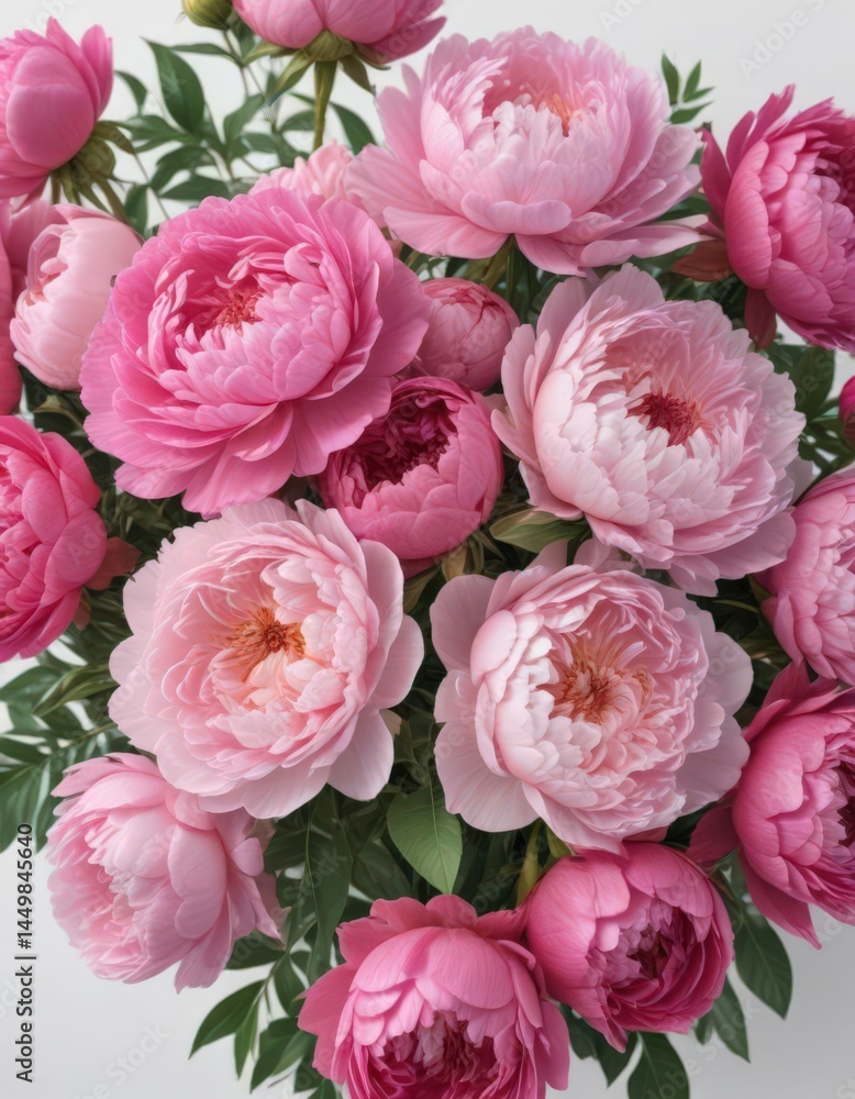 Fototapeta premium Vibrant pink peonies & roses bouquet, white backdrop, stem, floral arrangement, flower arrangement