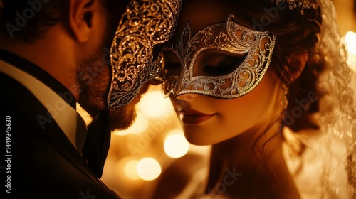 A Couple Wearing Elegant Gold Venetian Masks