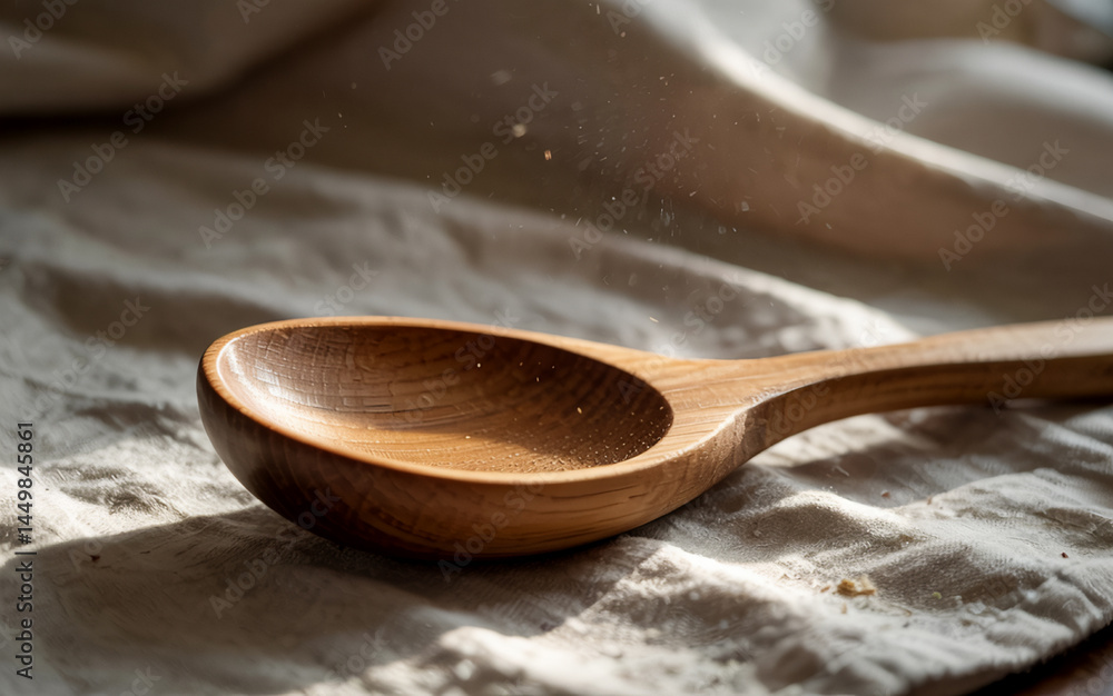 Wooden Spoon on Linen Fabric with Flour Dust in Sunlight Wooden Spoon on Linen Fabric with Flour Dust in Sunlight