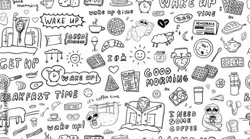 Cute seamless pattern of wake up theme in doodle style. Good morning, get up, sun, alarm clock, sloth, cup of coffee, breakfast, the girl woke up, breakfast, Viennese waffles, tea, milk, biscuits