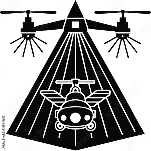Drone Vector Silhouette illustration Police drone scanning area from above