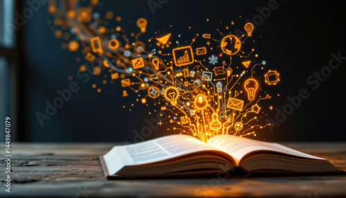 Open book on wooden table with glowing orange icons and symbols representing ideas and knowledge flowing out, inspiring creativity and learning