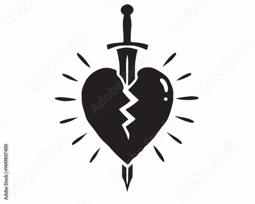 A broken heart pierced by a dagger symbolizing heartbreak and pain a bold black and white illustration with sharp lines