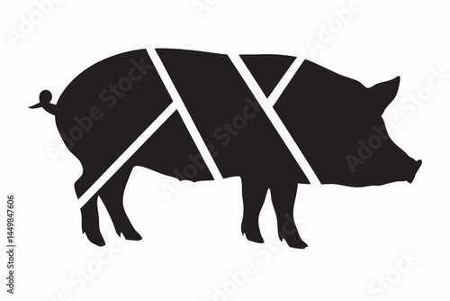 A stylized pig silhouette divided into sections showcasing butcher cuts in a minimalist black and white design Simple