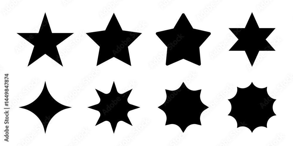 Star, Sparkle and shine vector set in eight different shapes for design elements. Sparkle star icon. Flat Star shape set. Star, Sparkle and shine vector set in eight different shapes for design elements. Sparkle star icon. Flat Star shape set.