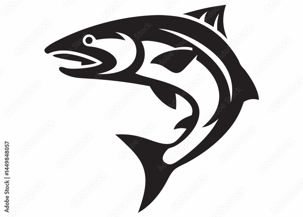 Obraz premium Powerful leaping fish stylized graphic design bold black silhouette on white background perfect for logos prints and