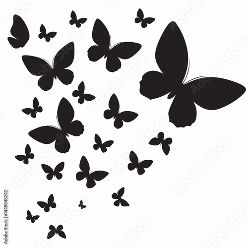 Elegant black butterfly silhouettes flutter across a white background creating a graceful and serene design element
